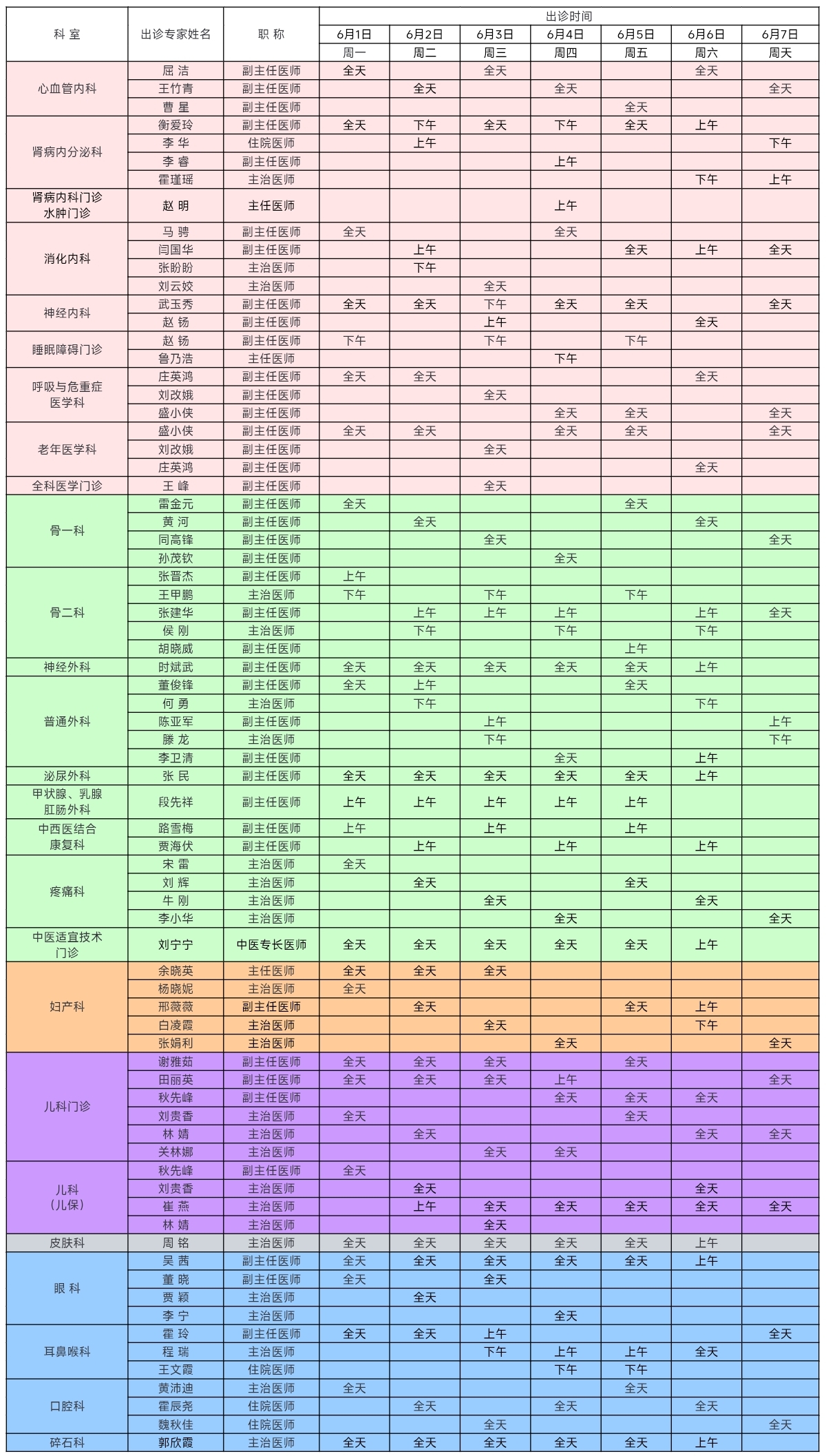 通用医疗西安医院 6 月 1 日 — 6 月 7 日专家门诊出诊周表（含延时门诊）